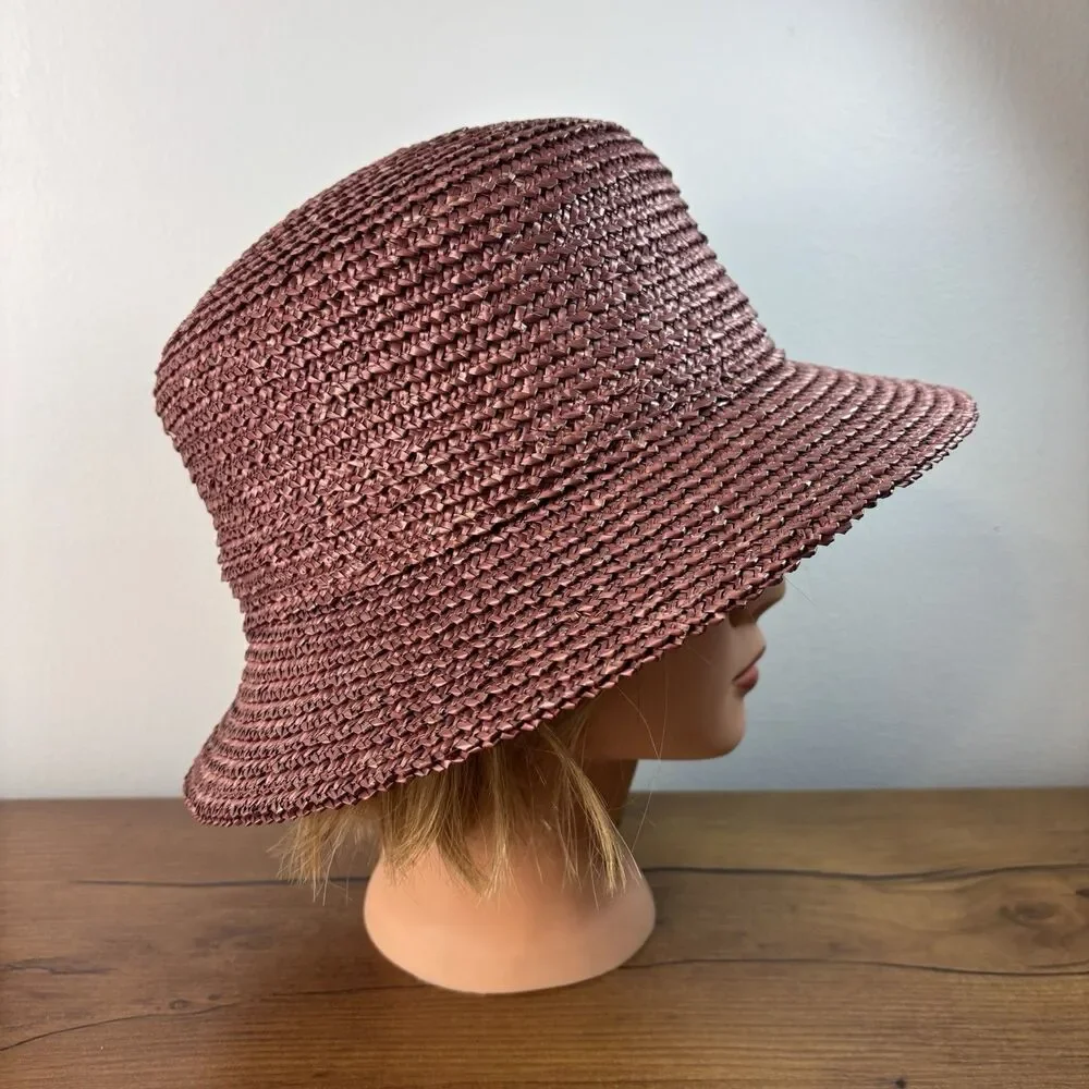 Eric Javits Woven Straw Cloche Bucket Hat Burgundy w Metallic Feather Brooch USA - Picture 4 of 10
